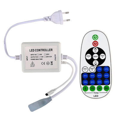 RF trådløs timer+dæmper med fjernbetjening - Inkl. endeprop, til 230V Neon COB, memory funktion, maks. 50 m