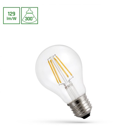 E27 8,5W LED pære - A60, filament, klart glas, 1100lm, varm hvid