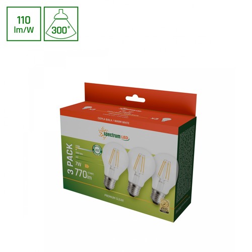 3 stk. E27 7W LED pære - GLS, filament, 770lm, varm hvid, 3-pak