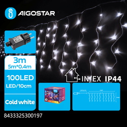 Julelys 5m kold hvid LED lyskæde - 100 LED, 5x0,4m, 25 rækker, 8 lysspil, IP44, transparent ledning