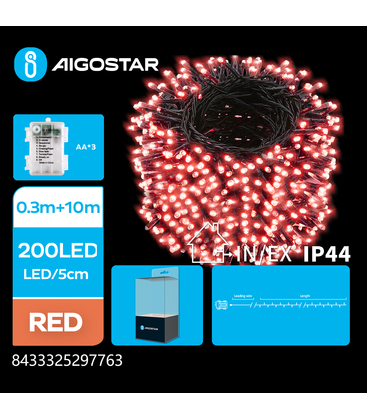 10m batteri rød LED lyskæde - 200 LED, 8 lysspil, IP44, grøn/sort ledning