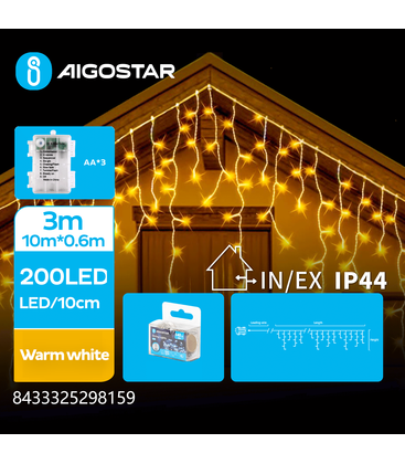 10m varm hvid batteri istap lyskæde - 200 LED, 50 rækker, 60cm højt, 8 lysspil, IP44, transparent ledning