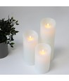 LED Bloklys XL, 3 stk, Ø10cm, 17,5/22,5/30cm høj, bevægelig flamme, hvid - Inkl. fjernbetjening og timer, ægte stearin