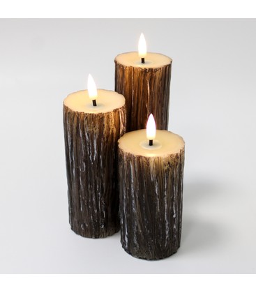 LED Træ-look bloklys 3 stk sæt, smelte-look, flammeeffekt - Ø5,5cm, 10/12,5/15cm høj, Inkl fjernbetj, ægte stearin LED Træ-look bloklys 3 stk sæt, smelte-look, flammeeffekt - Ø5,5cm, 10/12,5/15cm høj, Inkl fjernbetj, ægte stearin