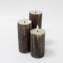 LED Træ-look bloklys 3 stk sæt, smelte-look, flammeeffekt - Ø5,5cm, 10/12,5/15cm høj, Inkl fjernbetj, ægte stearin