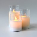 LED Bloklys sæt i glas Ø7,5cm, 3 stk, vippende flamme - Inkl. fjernbetjening og timer, 10/12,5/15cm høj, ægte stearin