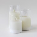 LED Bloklys sæt i glas Ø7,5cm, 3 stk, vippende flamme - Inkl. fjernbetjening og timer, 10/12,5/15cm høj, ægte stearin