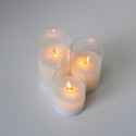 LED Bloklys sæt i glas Ø7,5cm, 3 stk, vippende flamme - Inkl. fjernbetjening og timer, 10/12,5/15cm høj, ægte stearin