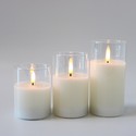 LED Bloklys sæt i glas Ø7,5cm, 3 stk, flammeeffekt - Inkl. fjernbetjening og timer, 10/12,5/15cm høj, ægte stearin
