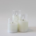 LED Bloklys sæt i glas Ø7,5cm, 3 stk, flammeeffekt - Inkl. fjernbetjening og timer, 10/12,5/15cm høj, ægte stearin