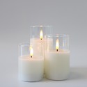 LED Bloklys sæt i glas Ø7,5cm, 3 stk, flammeeffekt - Inkl. fjernbetjening og timer, 10/12,5/15cm høj, ægte stearin