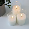 LED Bloklys sæt i glas Ø7,5cm, 3 stk, flammeeffekt - Inkl. fjernbetjening og timer, 10/12,5/15cm høj, ægte stearin