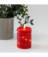 LED Bloklys med lyskæde, 10cm høj, flammeeffekt - Ø7,5cm, 10cm høj, virker m. fjernbetj (ikke inkl.), ægte stearin, rød