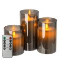 LED Bloklys sæt i røgfarvet glas Ø7,5cm, 3 stk, vippende flamme - Inkl. fjernbetjening og timer, 10/12,5/15cm høj, ægte stearin