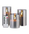 LED Bloklys sæt i gråtonet glas Ø7,5cm, 3 stk, flammeeffekt - Inkl. fjernbetjening og timer, 10/12,5/15cm høj, ægte stearin