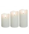 Sæt med 3 stk. LED Bloklys 10cm høj, flammeeffekt, hvid - Ø7,5cm, 10/12,5/15cm høj, virker m. fjernbetj, timer, ægte stearin