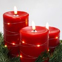 LED Bloklys 3 stk sæt med lyskæde, flammeeffekt - Ø7,5cm, 10/12,5/15cm høj, inkl. fjernbetj, timer, ægte stearin, Rød