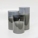 LED Bloklys sæt i røgfarvet glas Ø7,5cm, 3 stk, vippende flamme - Inkl. fjernbetjening og timer, 10/12,5/15cm høj, ægte stearin