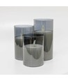 LED Bloklys sæt i røgfarvet glas Ø7,5cm, 3 stk, vippende flamme - Inkl. fjernbetjening og timer, 10/12,5/15cm høj, ægte stearin
