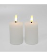 LED Bloklys, 2 stk, flammeeffekt, hvid - 7,5cm høj, Ø5cm, virker med fjernbetj, ægte stearin