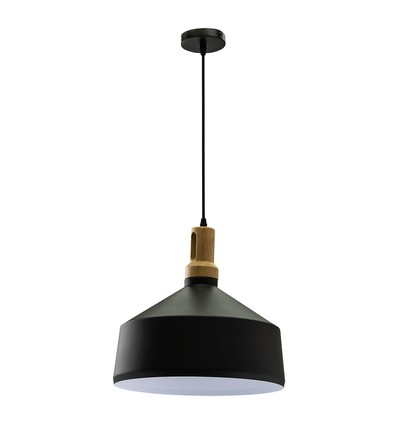 E27 pendel i sort jern med trætop - Ø30 cm, Vintage serie, uden lyskilde