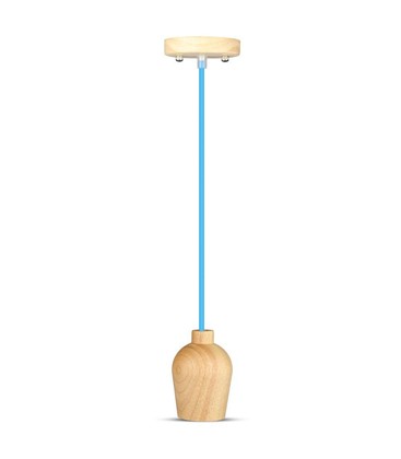 E27 Træpendel Lampe - Blå Ledning