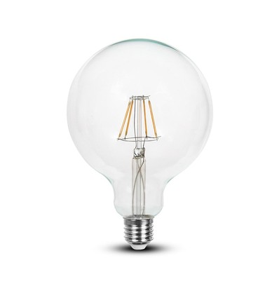 E27 6W LED filament pære - G125, 806lm, 6400K, klart glas, 300°