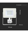 30W LED projektør med sensor, Samsung LED chip - IP65, hvid, 3000K, 5 års garanti