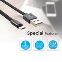 1M Micro USB Fletkabel - Bomuldsstof, Sort (Ruby Serie)