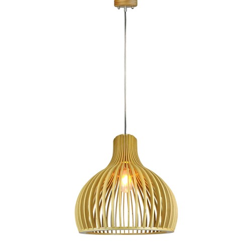 Ø45cm Træ pendel - Kegleformet design, krom detaljer, E27 fatning, uden lyskilde