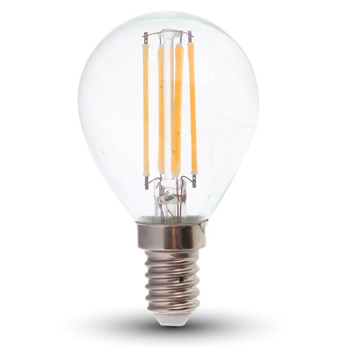 E14 6W LED kronepære - P45, filament, klart glas, 130lm/W, varm hvid, erstatter 60W
