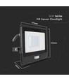 30W LED projektør med PIR sensor - Samsung LED chip, IP65, sort, 1m kabel, udendørs