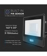 30W LED projektør med PIR sensor - Samsung LED chip, IP65, sort, 1m kabel, udendørs
