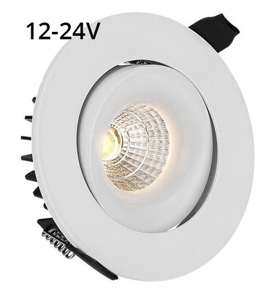 6W Ø9cm indbygningsspot dæmpbar RA90 - 12-24V, Hul: Ø7,5 cm, Mål: Ø9 cm, Hvid kant