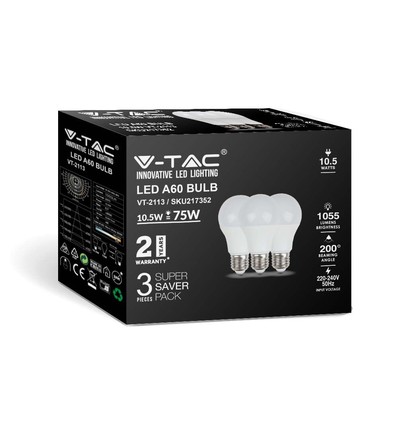 3 stk. E27 10,5W LED pære - A60, mat glas, 4000K, 1055lm, 3-pak