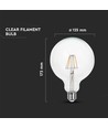 E27 6W LED filament pære - G125 globe, klar, varm hvid, 300° beam angle