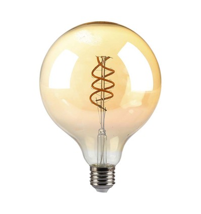 E27 6W dæmpbar LED spiral filamentpære - G125, Amber glas, 1800K, 300° lysspredning