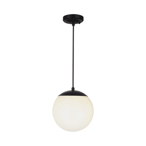 Ø20cm pendel loftlampe, mat sort - IP44, E27 fatning, opal hvid kugle, aluminium og plast, uden lyskilde