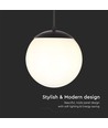 Ø20cm pendel loftlampe, mat sort - IP44, E27 fatning, opal hvid kugle, aluminium og plast, uden lyskilde