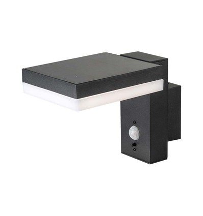 5,5W Solara væglampe med sensor - Solcelle, PIR sensor, IP54, 3000K, sort, rektangulær