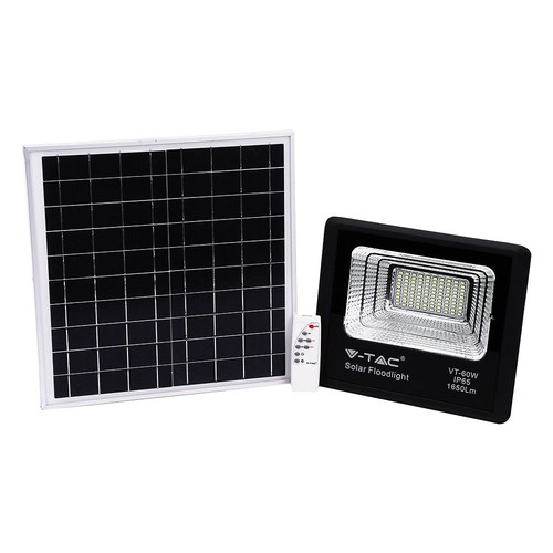 60W solcelle LED projektør - 1650lm, IP65, 4000K, sort, inkl. solpanel og fjernbetjening