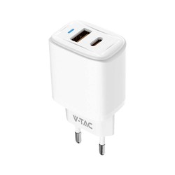 V-Tac 20W Opladeradapter - 1 PD+1 QC port, hvid