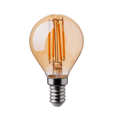 E14 4W LED filament pære - P45, amber glas, 2200K, kronepære