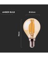 E14 4W LED filament pære - P45, amber glas, 2200K, kronepære