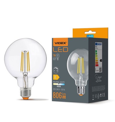 E27 7W dæmpbar LED pære - G95, 806lm, 4000K, 360 grader, filament glass