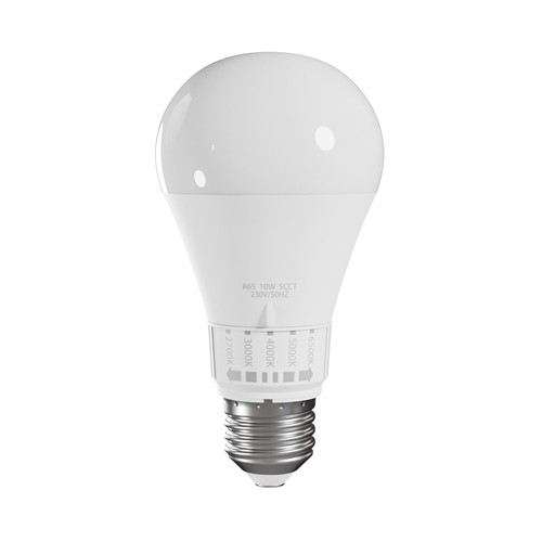 E27 10W LED pære med CCT - 1100lm, 5 lyskulører, A65, 270° spredning