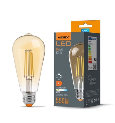 E27 6W dæmpbar LED pære - ST64, filament, amber glas, 2200K, flicker free