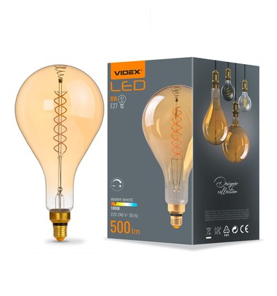 E27 8W dæmpbar LED pære - PS160, spiral filament, amber glas, 1800K, 500lm