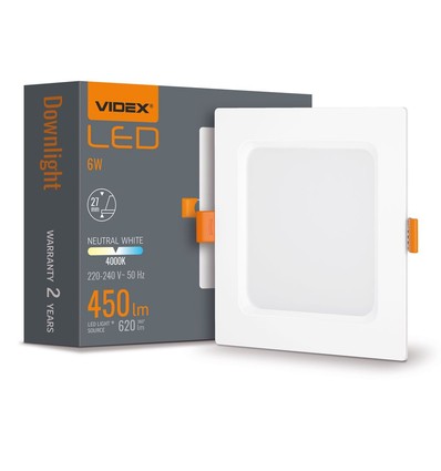 6W kvadratisk LED indbygningspanel - 450lm, 4000K, hvid kant, Hul: Ø9,5-10 cm, Mål: 12x12 cm