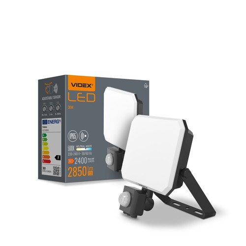 30W LED projektør med sensor - 5000K, IP65, sort, PIR bevægelsessensor, udendørs